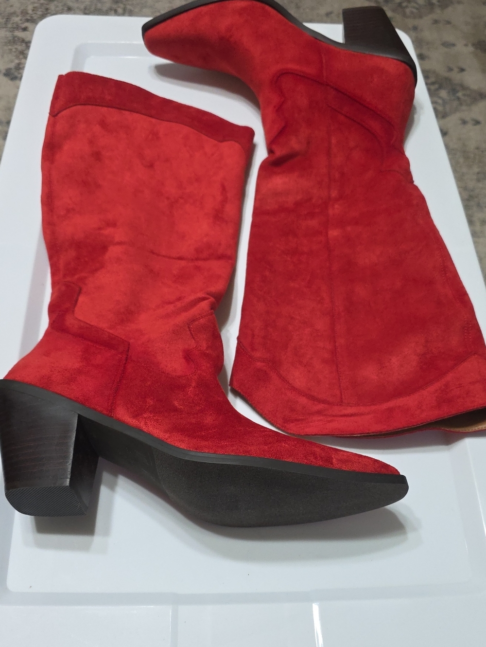 Women's Red Suede Mid-Calf Heeled Boots by